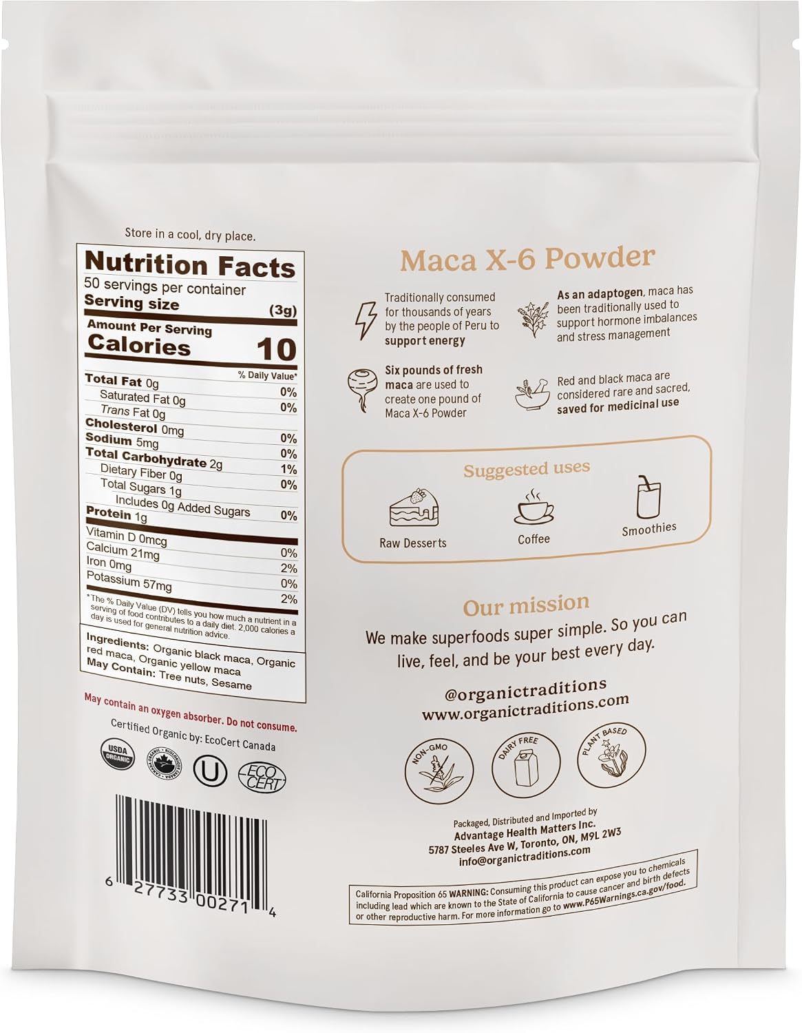 Organic Traditions Maca X 6 Powder, Maca Root Black Red and Yellow, Traditionally Used in Peru for Vitality and Daily Energy, Concentrated Superfood for Daily Wellnes for Men and Women, 150g / 5.3oz - PrimeBioHealth - canada supplements