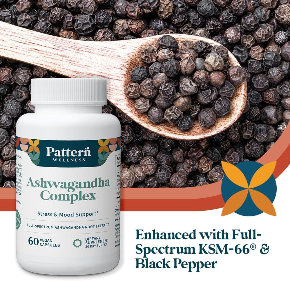 Pattern Wellness Ashwagandha Complex Supplement – 360 Vegan Capsules | For Men & Women – Organic KSM-66® & Black Pepper Extract – Supports Stress Response & Energy Balance – Non-GMO - PrimeBioHealth - canada supplements