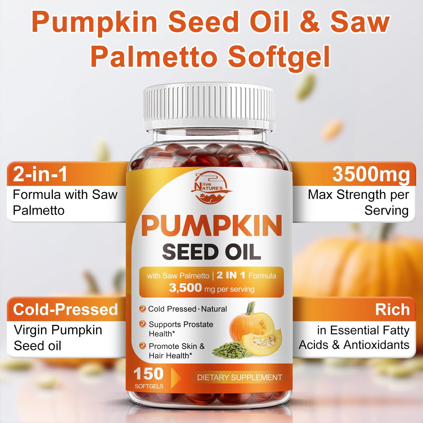 Pumpkin Seed Oil with Saw Palmetto, 3500mg Max Strength per Serving, 150 Softgels, Cold-Pressed with Essential Fatty Acids & Phytosterols, Supports Immune - PrimeBioHealth - canada supplements