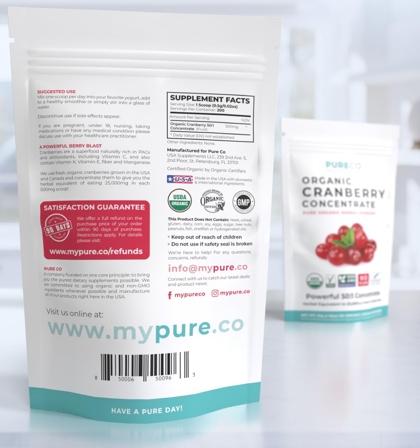 PURE CO USDA Organic Cranberry Concentrate Powder - Organic Cranberry Powder 500mg 50:1 Extract Per 1 Scoop Serving - Kidney Cleanse & Urinary Tract Support for Women - 100 Servings - PrimeBioHealth - canada supplements