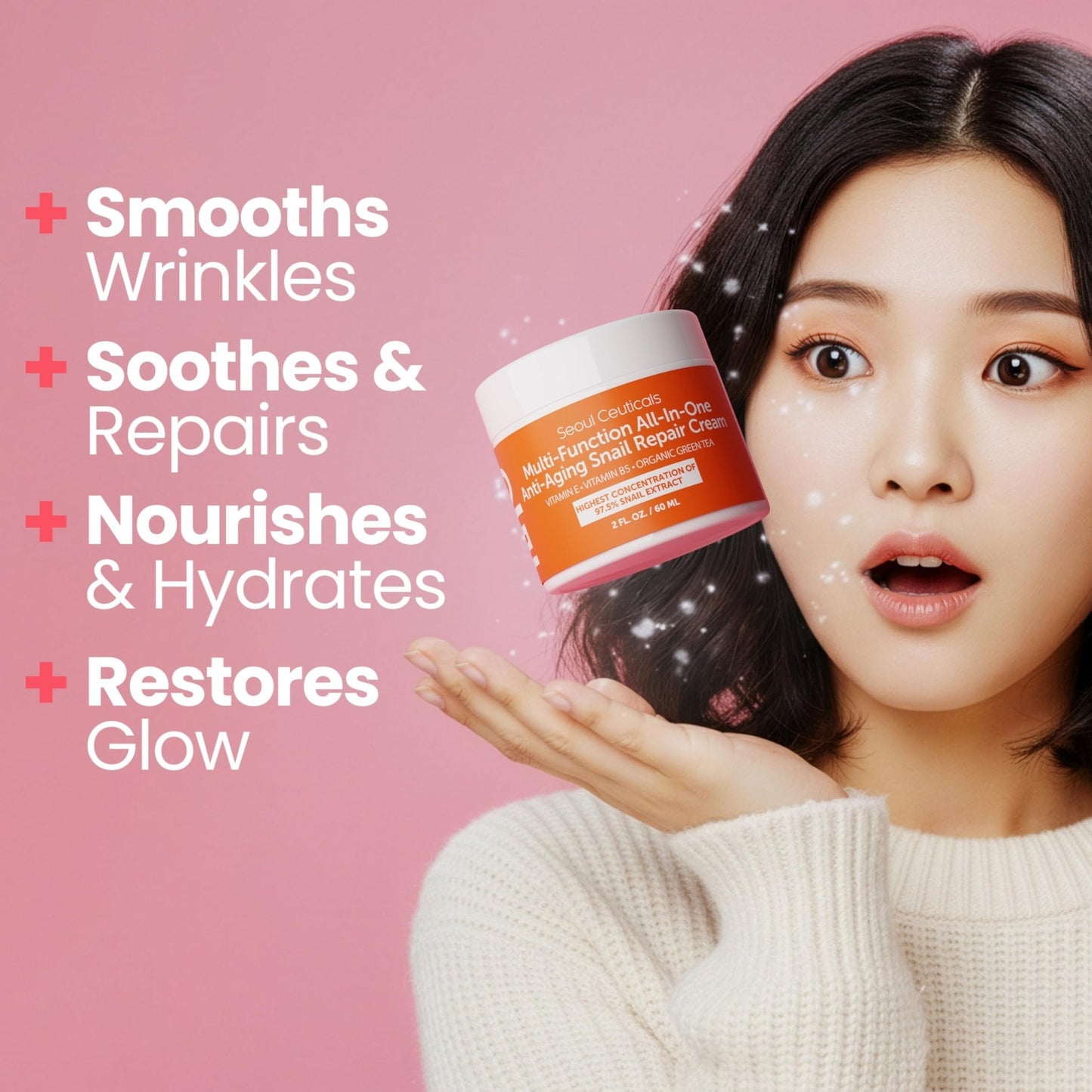 SeoulCeuticals Snail Mucin Moisturizer 97.5% - Korean Skin Care Snail Repair Cream - Day & Night Anti Aging K Beauty Skincare Cruelty Free 2oz - PrimeBioHealth - canada supplements