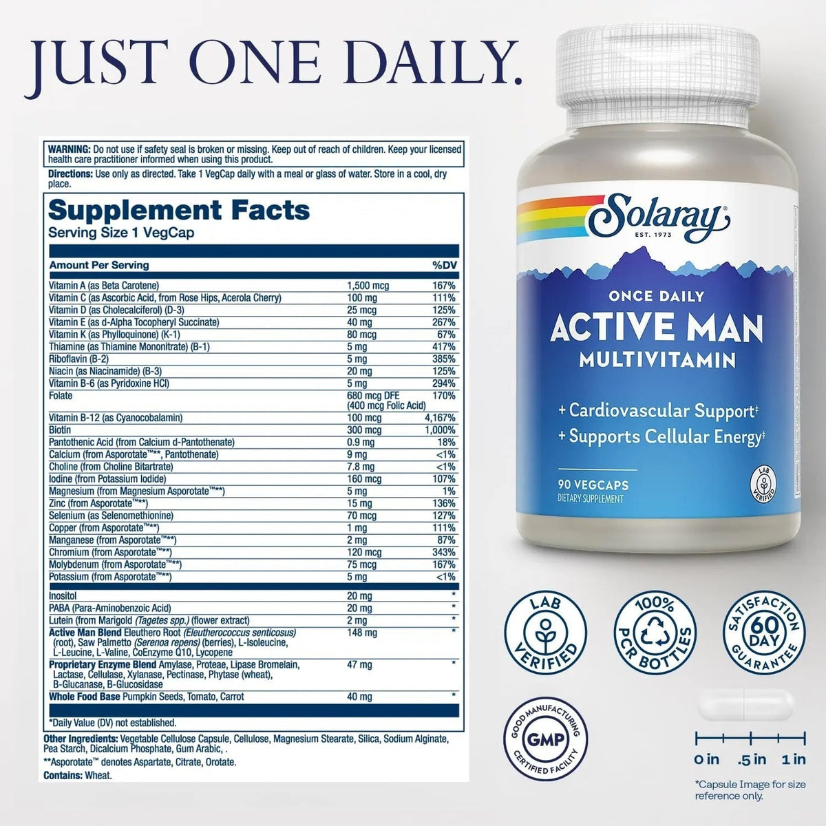 SOLARAY Once Daily Active Man Multivitamin - Cellular Energy and Immune Support Supplement w/Vitamin D, Vitamin C, B12, B6, Zinc, Lutein - PrimeBioHealth - canada supplements