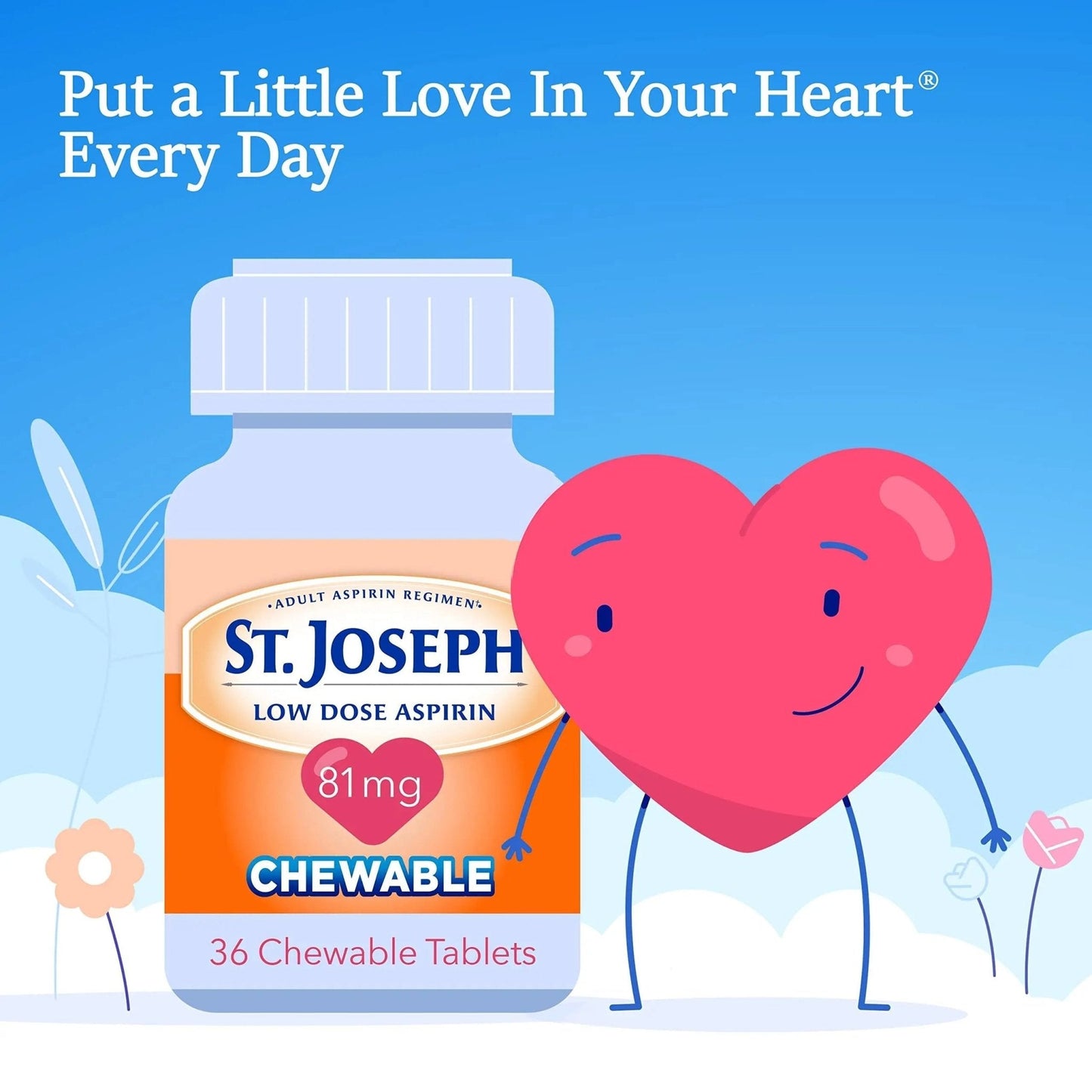 St. Joseph Aspirin Pain Reliever (NSAID) 81mg, Chewable Orange Tablets Adult Low Dose Regimen , 108 ct (3 x 36 ct Tablets per Bottle) - PrimeBioHealth - canada supplements