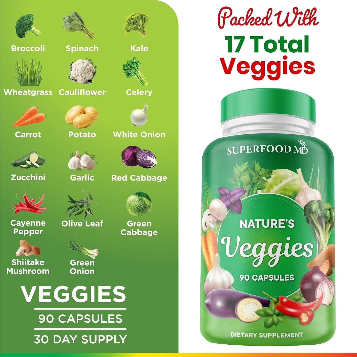 Superfood MD Veggies Supplement - 90 Veggie Capsules - Supports Energy Levels, Beta Carotene, Vitamins & Minerals - Soy Free - 90 Count - PrimeBioHealth - canada supplements