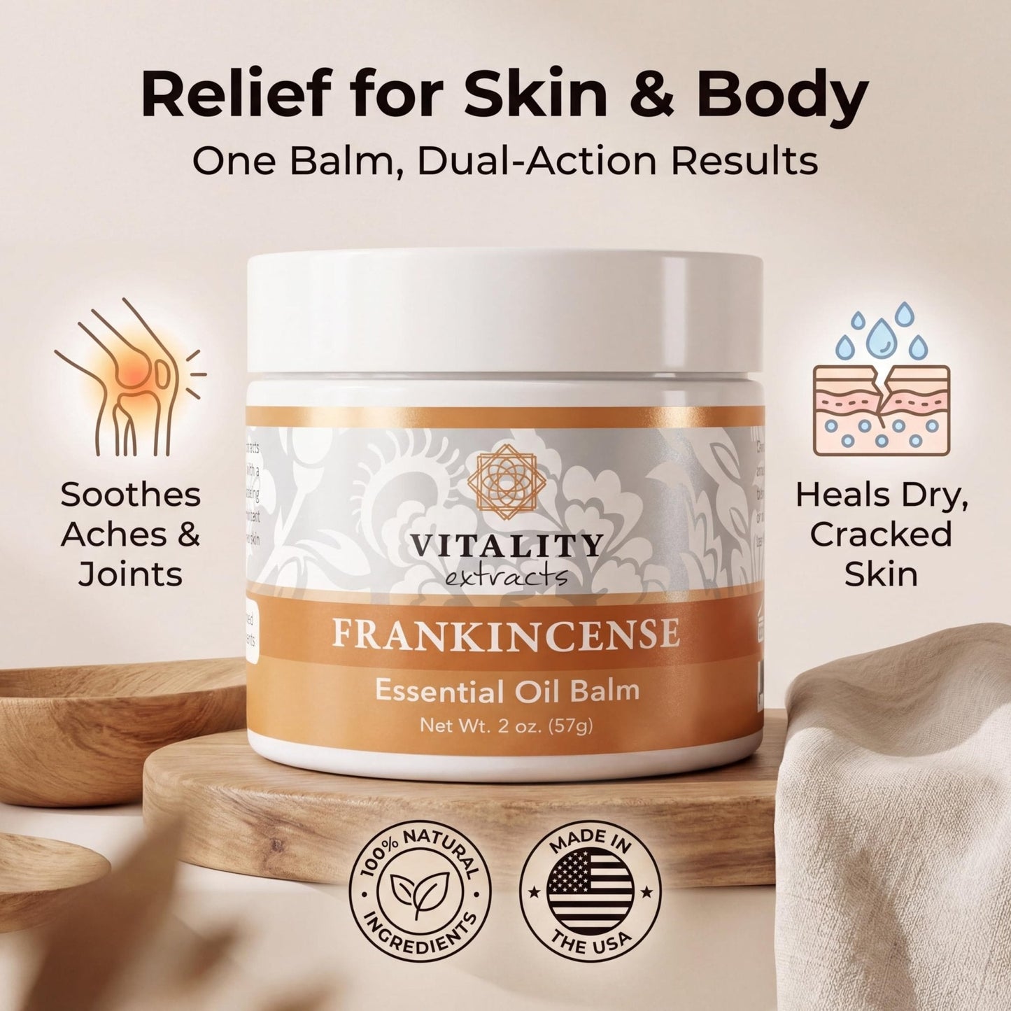Vitality Extracts Frankincense Balm - 2oz, Boswellia Serrata, Beeswax, Olive Oil, Moisturizer for Dry, Cracked Skin, All Skin Types - PrimeBioHealth - canada supplements