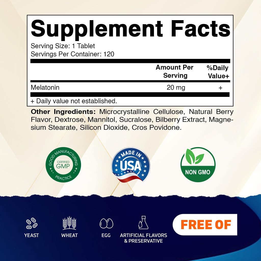 Vitamatic Melatonin 20mg for Sleep Support | Vegetarian, Non-GMO, Gluten Free | HIGH Potency 20 MG | Natural Berry Flavor 120 - PrimeBioHealth - canada supplements