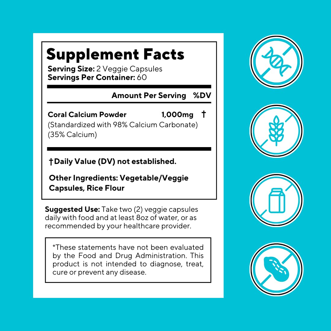 Vitapia Coral Calcium Powder 1000mg Capsules for Overall Health, Bone Health, PH Level Balance, Trace Minerals Support - 120 Veggie Capsules - Non-GMO & Gluten-Free Supplement - PrimeBioHealth - canada supplements