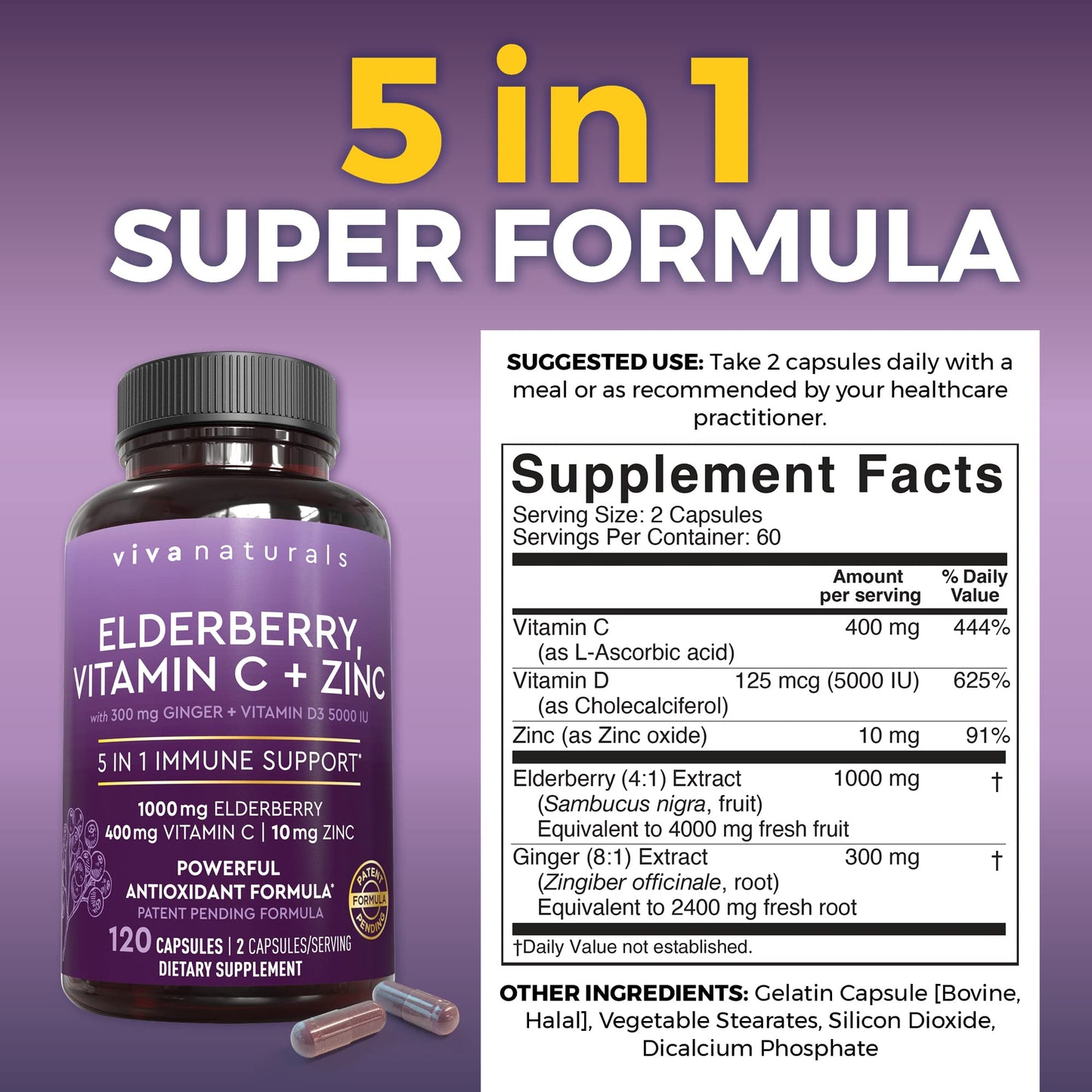 Viva Naturals Elderberry with Vitamin C and Zinc for Adults - 5 in 1 Sambucus Black Elderberry Capsules with Vitamin D3 5000 IU Immunity Supplement - PrimeBioHealth - canada supplements