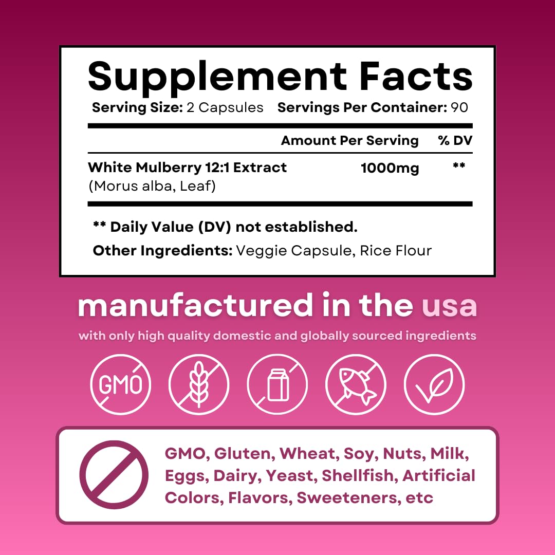 White Mulberry Leaf Extract 1000mg - 12:1 Morus Alba Extract - Antioxidant, Heart Health, Overall Metabolism Support - 180 Veggie Capsules - Non GMO, Gluten Free, Vegan Friendly Supplement - PrimeBioHealth - canada supplements