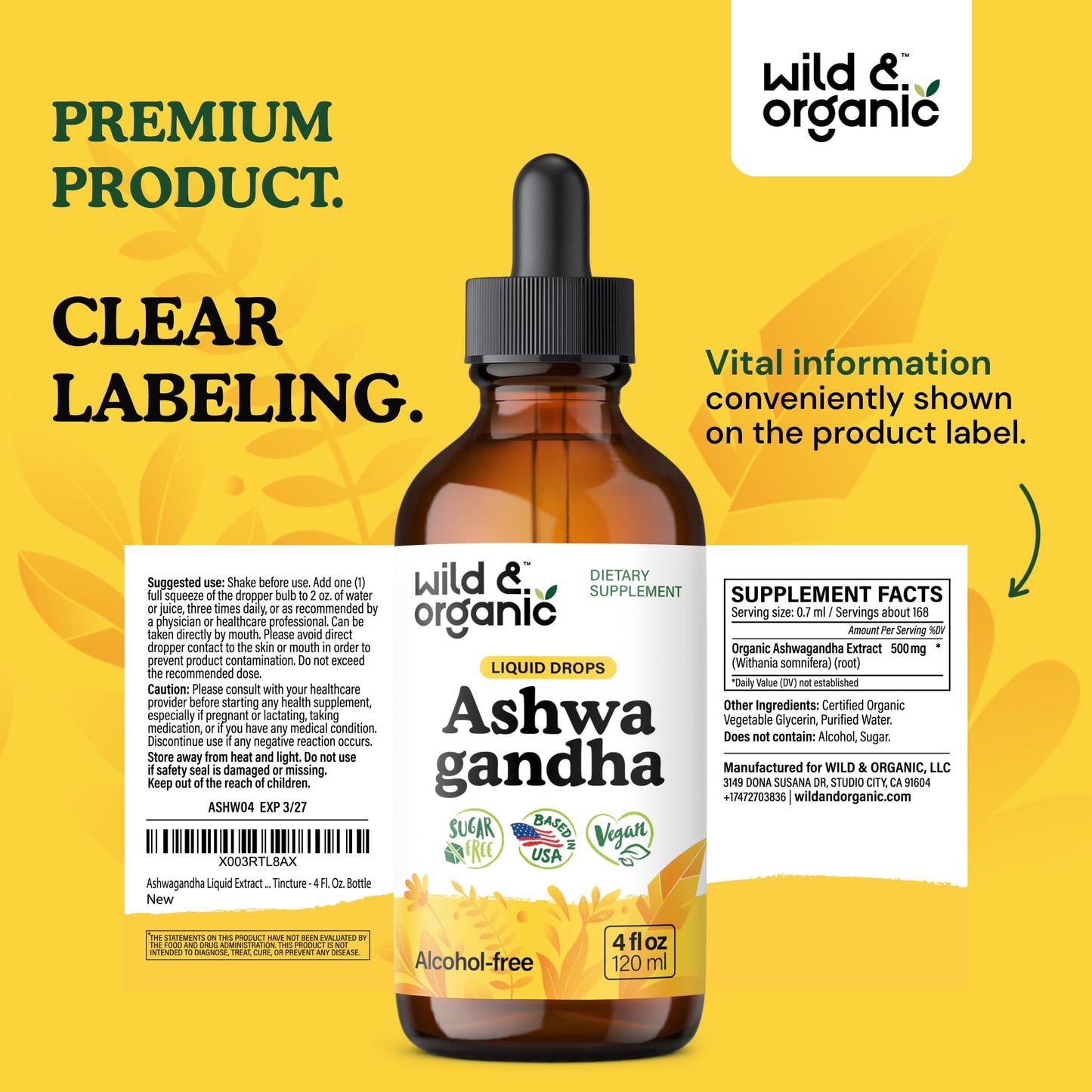 Wild & Organic Ashwagandha Drops - Mood Support & Positive Energy - 500 mg Ashwagandha for Women & Men - Add to Tea Liquid Extract for Relaxation - Non-GMO, Sugar & Alcohol-Free Tincture - 4 fl oz - PrimeBioHealth - canada supplements