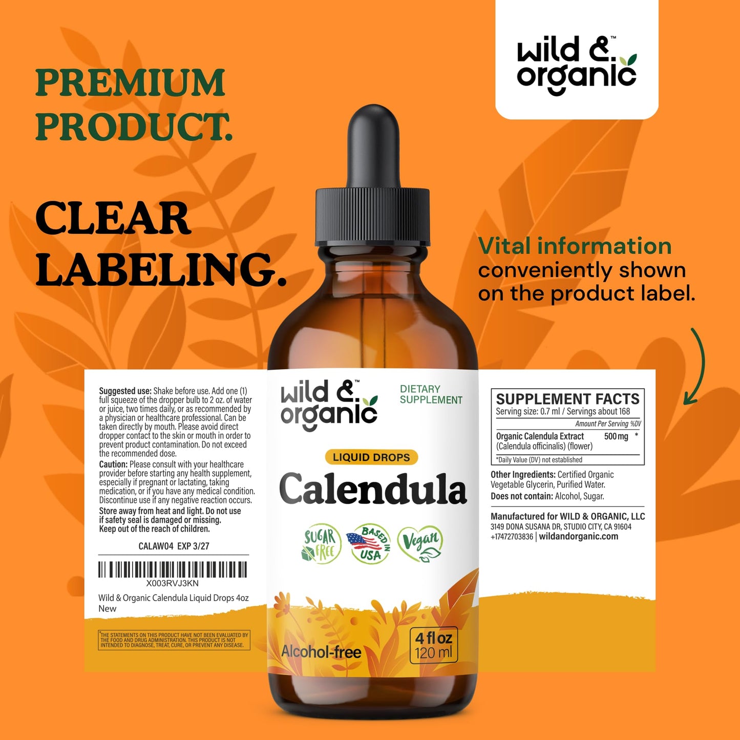 Wild & Organic Calendula Flowers Supplement - Antioxidant, Immune & Skin Support - Add to Tea Extract Drops - Calendula Herb Tincture - Vegan, Alcohol & Sugar-Free - 4 fl oz - PrimeBioHealth - canada supplements