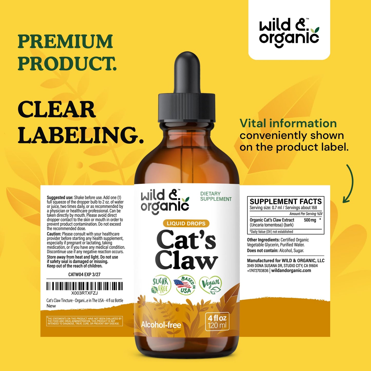 Wild & Organic Cats Claw Herb Supplement - Immune Support - Pure Cats Claw Tincture - Add to Tea Liquid Drops - Uncaria Tomentosa Bark - Vegan, Sugar & Alcohol-Free - 4 fl oz - PrimeBioHealth - canada supplements