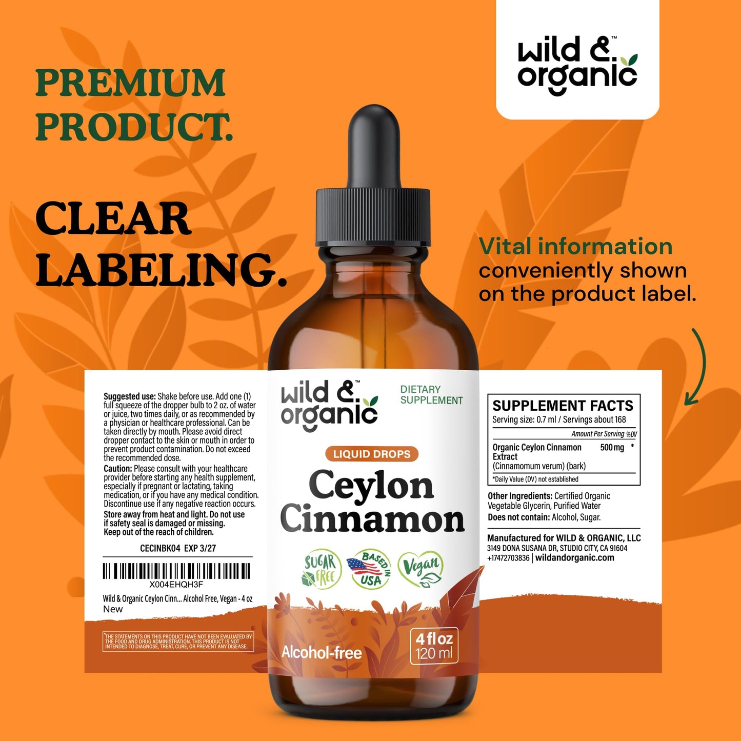 Wild & Organic Ceylon Cinnamon Supplements 500mg - Antioxidant Support - Ceylon Cinnamon Drops - Add to Tea Liquid Extract - Cinnamomum Verum Bark - Unflavored, Sugar & Alcohol-Free Tincture - 4 fl oz - PrimeBioHealth - canada supplements
