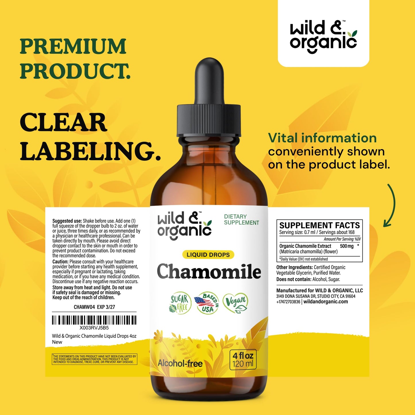 Wild & Organic Chamomile Flowers Drops - Add to Tea for Relaxation Support - 500 mg Chamomile Extract Liquid Drops - Calming Herbal Supplement - 56-Day Supply - Vegan, Sugar & Alcohol-Free - 4 fl oz - PrimeBioHealth - canada supplements