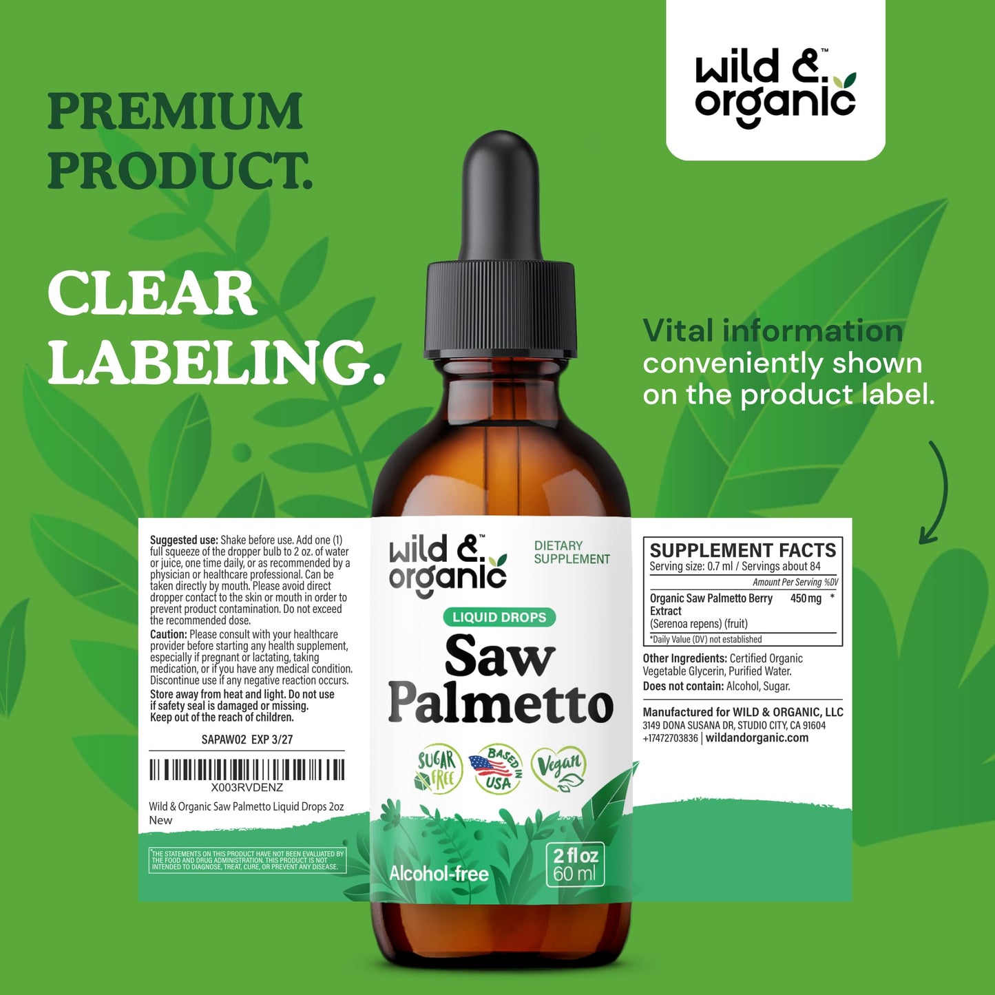 Wild & Organic Saw Palmetto for Men & Women - Urinary Tract & Hair Support - Saw Palmetto Extract Liquid Drops - Add to Tea - Serenoa Repens Berries Supplement - Vegan, Sugar & Alcohol-Free - 4 fl oz - PrimeBioHealth - canada supplements