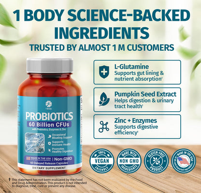 1 Body Probiotic 60 Billion for Men & Women, Gut Health Support with Prebiotics, Digestive Enzymes, Zinc & L-Glutamine, Non-GMO, 60 Vegan Capsules - PrimeBioHealth - canada supplements