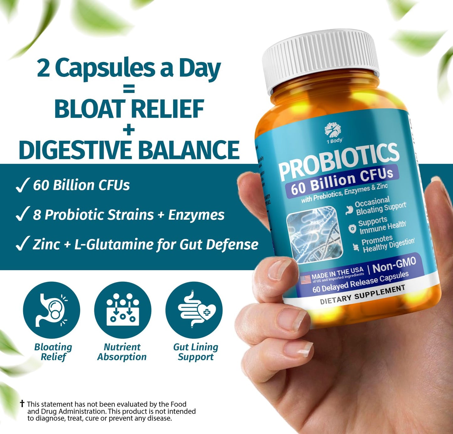 1 Body Probiotic 60 Billion for Men & Women, Gut Health Support with Prebiotics, Digestive Enzymes, Zinc & L-Glutamine, Non-GMO, 60 Vegan Capsules - PrimeBioHealth - canada supplements