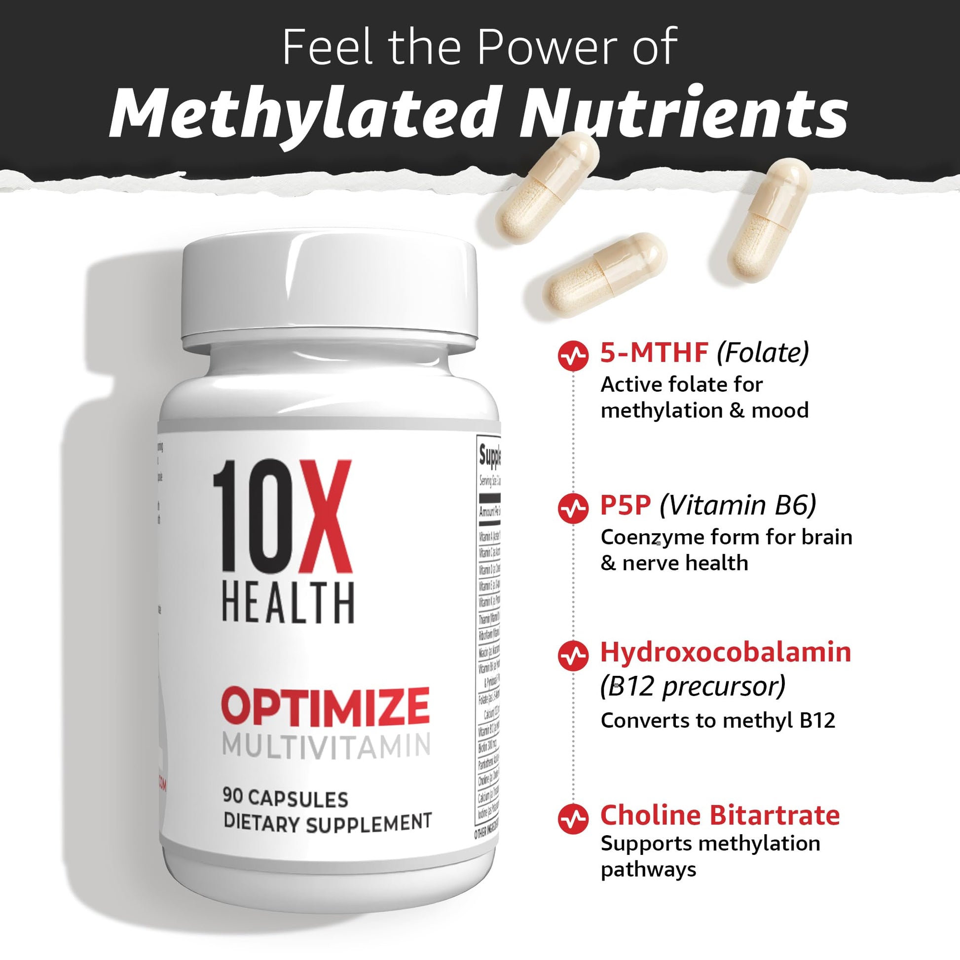 10X Health Optimize Methylated Multivitamin for Men - 90 Capsules, 34 in 1 Formula with 800 mcg of Vitamin B12, 5-MTHF, NAC - PrimeBioHealth - canada supplements
