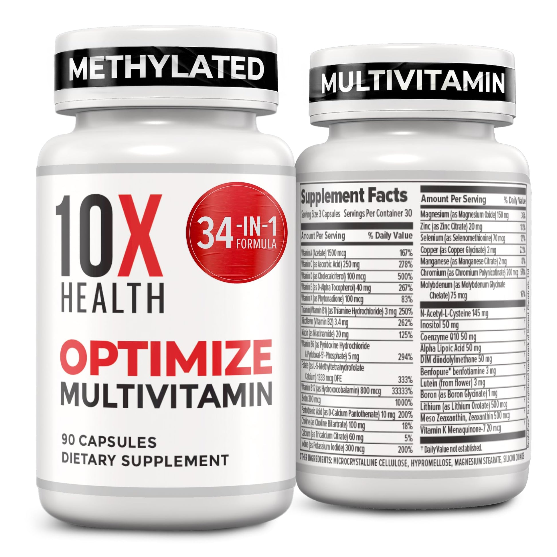 10X Health Optimize Methylated Multivitamin for Men - 90 Capsules, 34 in 1 Formula with 800 mcg of Vitamin B12, 5-MTHF, NAC - PrimeBioHealth - canada supplements