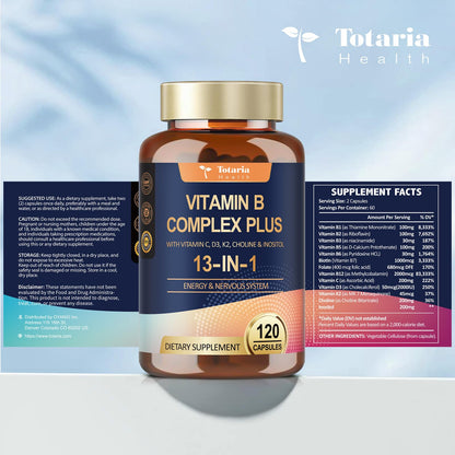 13-in-1 Vitamin B Complex Plus with Vitamin B1, B2, B3 (Niacinamide), B4, B5, B6, B7 (Biotin), B8 (Inositol), B9 (Folate), B12, C, D3, K2 - Energy, Nerve, - PrimeBioHealth - canada supplements