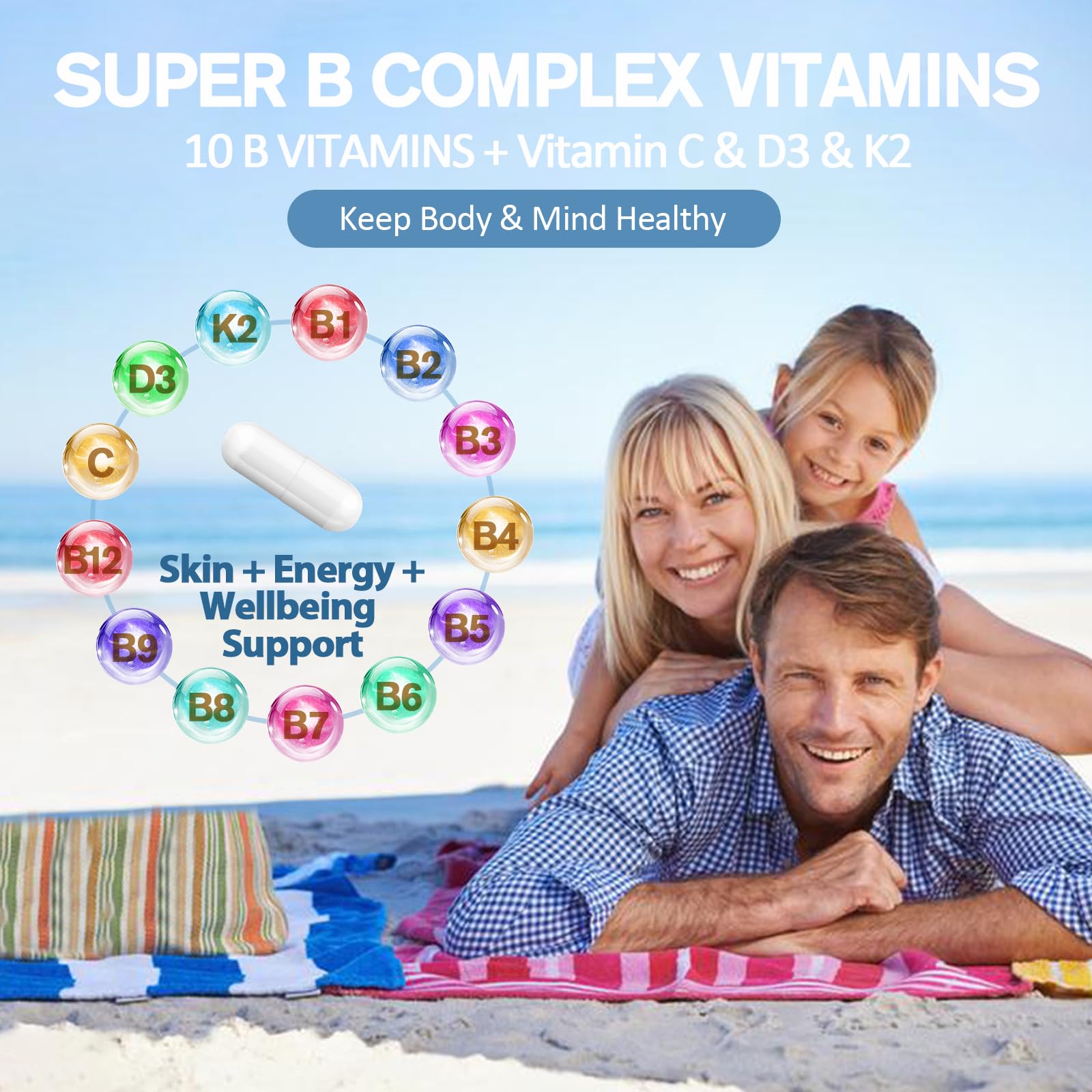 13-in-1 Vitamin B Complex Plus with Vitamin B1, B2, B3 (Niacinamide), B4, B5, B6, B7 (Biotin), B8 (Inositol), B9 (Folate), B12, C, D3, K2 - Energy, Nerve, - PrimeBioHealth - canada supplements