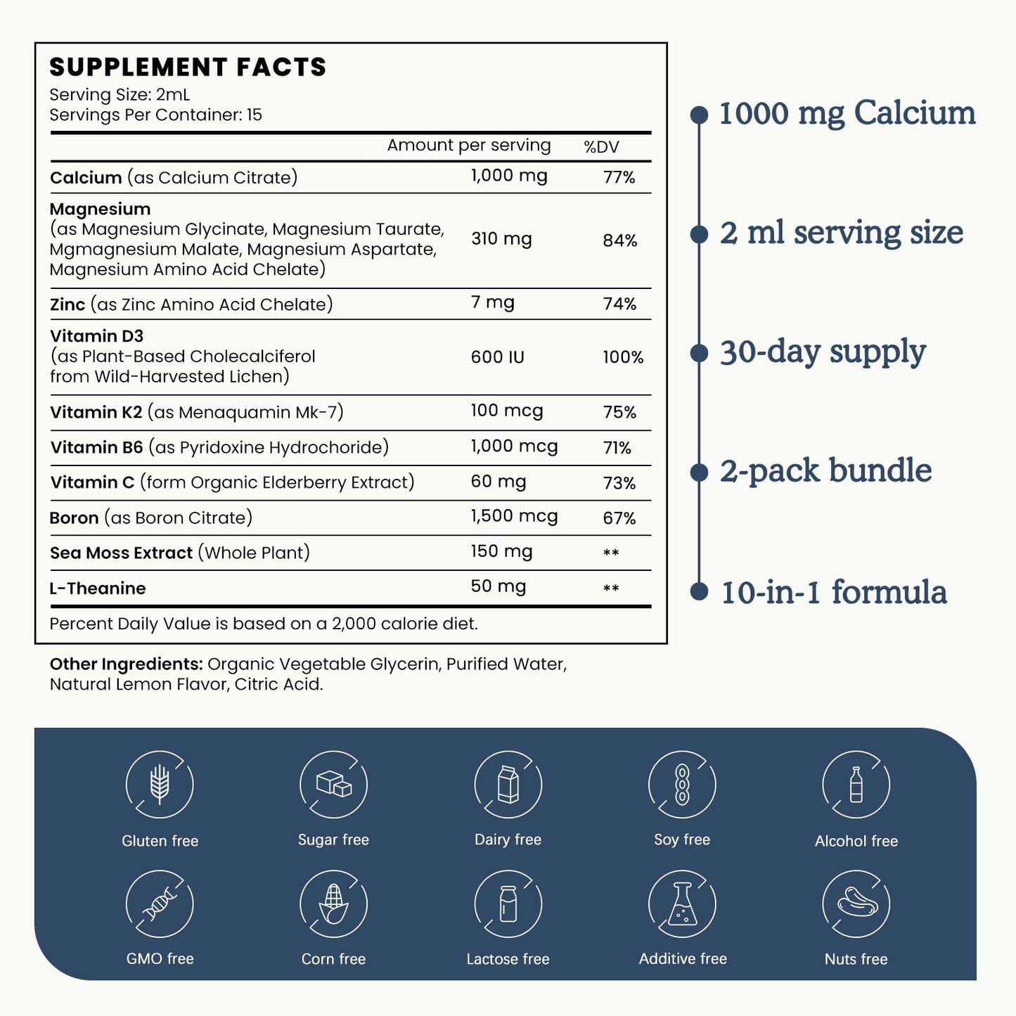 (2 Pack) 10 in 1 Magnesium Calcium Zinc Supplement with Vitamin C D3 K2, Glycinate Mag Vegan Liquid Drops Plus L-Theanine Boron Sea Moss Extract, Immune Support - PrimeBioHealth - canada supplements