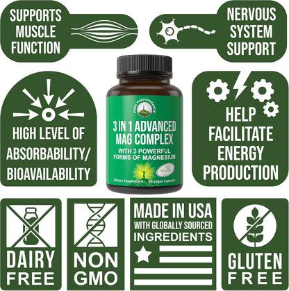 3 in 1 Advanced Magtein Magnesium Complex Capsules with Clinically Tested Magnesium L-Threonate, Glycinate & Taurinate. High Absorption & Bioavailability. Support Brain, Focus & Memory. 90 Vegan Pills - PrimeBioHealth - canada supplements
