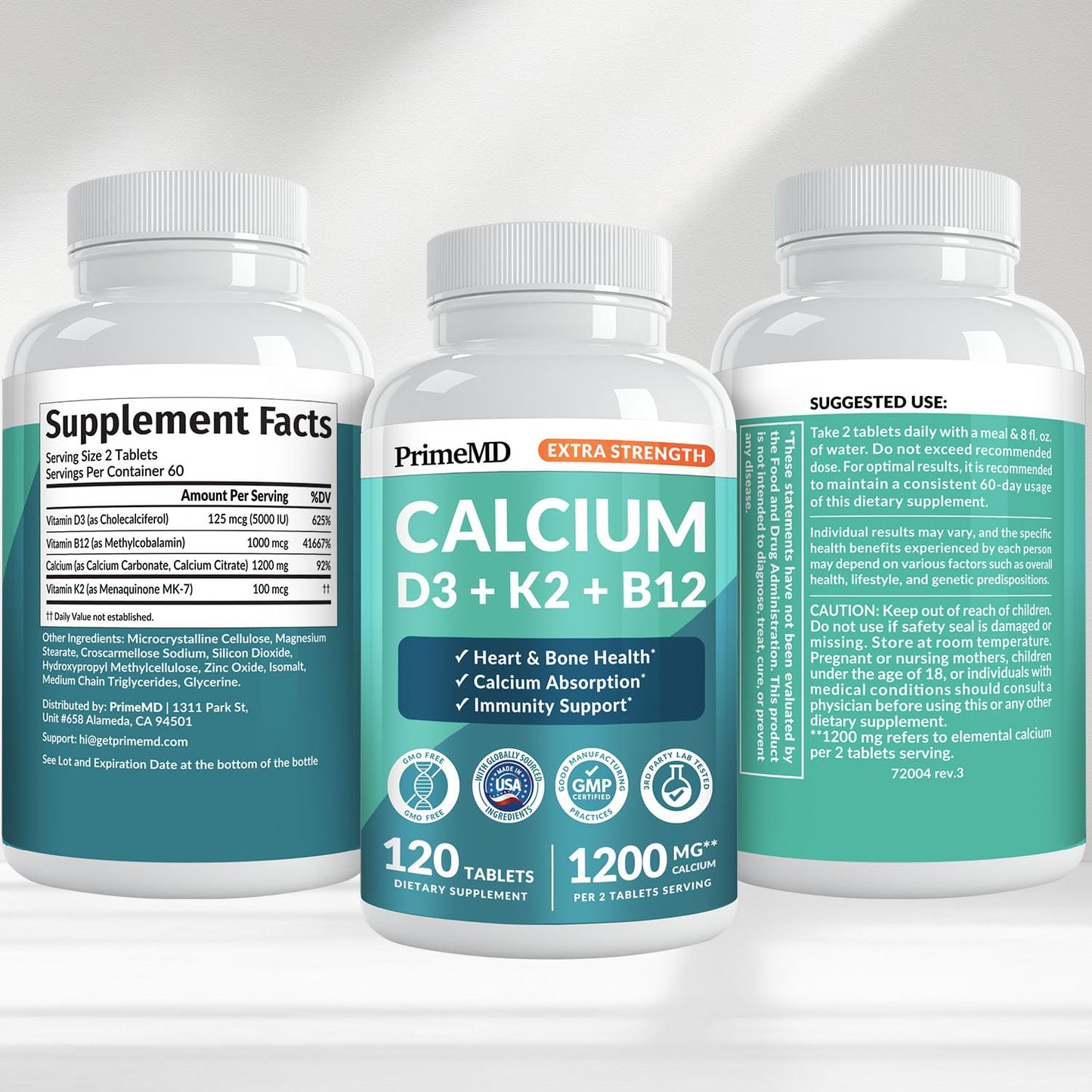 4-in-1 Calcium 1200 mg with Vitamin D3 K2 - Extra Strength Calcium Supplements for Women & Men with D3 K2 Vitamin 5000 IU - Everyday Vitality Supplement - PrimeBioHealth - canada supplements