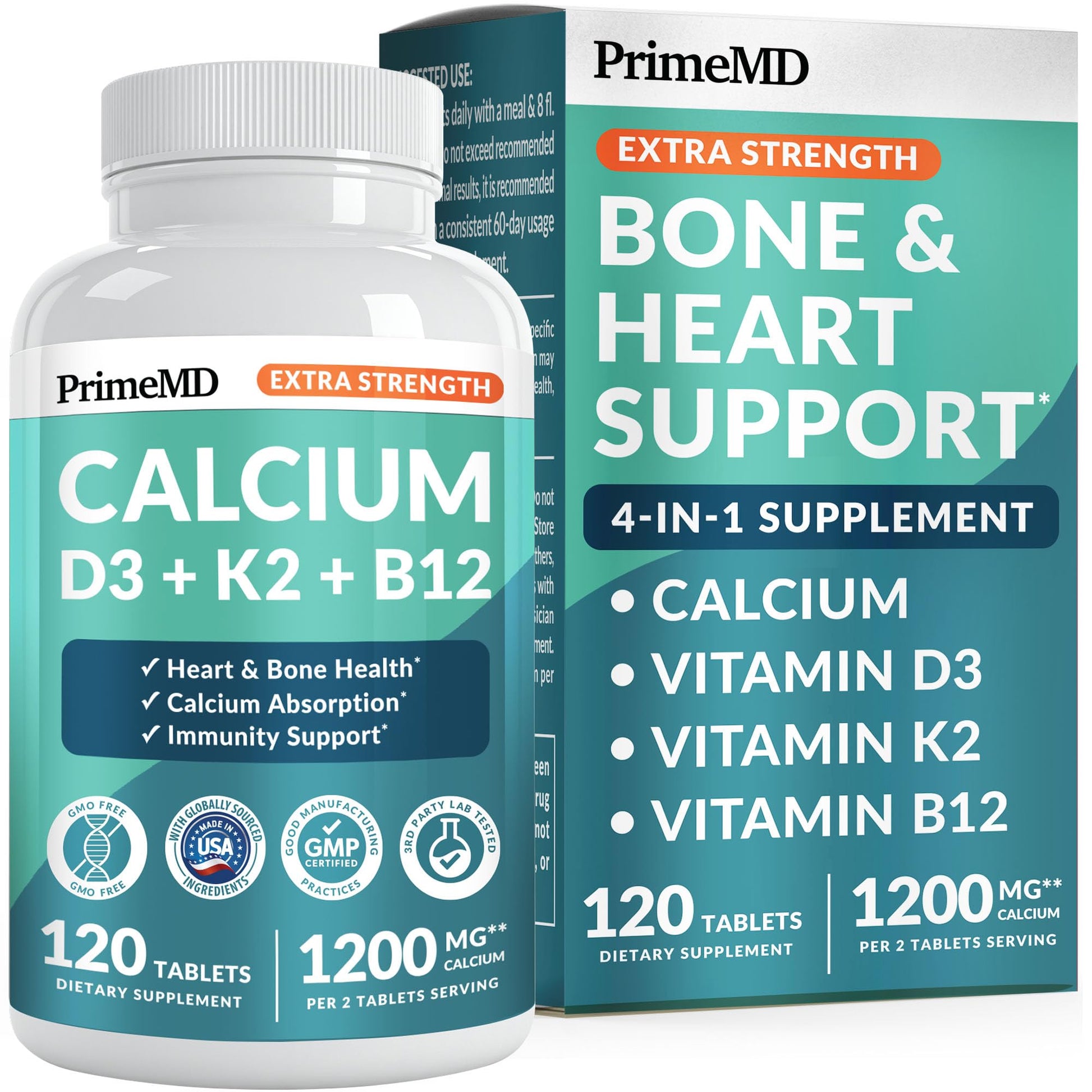 4-in-1 Calcium 1200 mg with Vitamin D3 K2 - Extra Strength Calcium Supplements for Women & Men with D3 K2 Vitamin 5000 IU - Everyday Vitality Supplement - PrimeBioHealth - canada supplements
