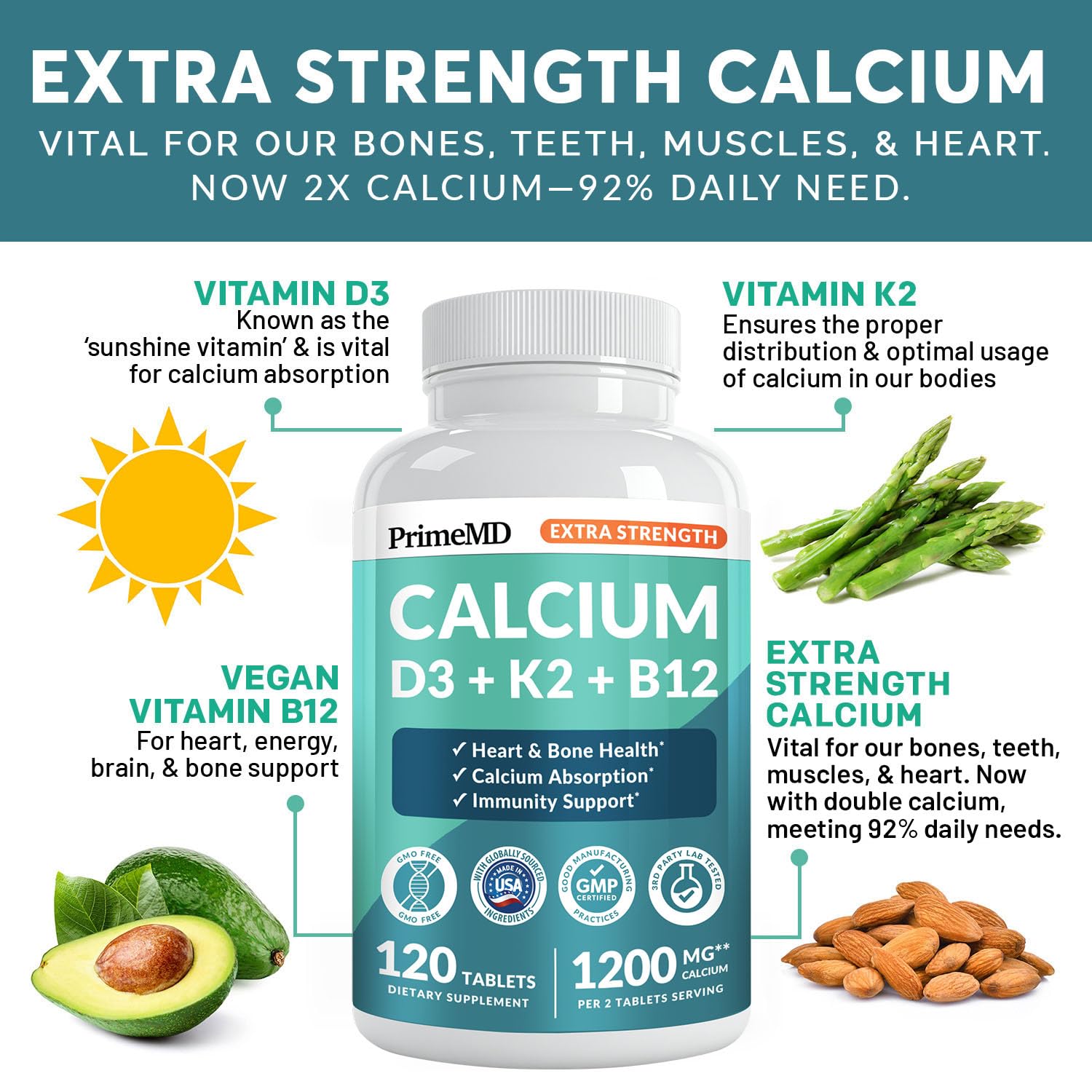 4-in-1 Calcium 1200 mg with Vitamin D3 K2 - Extra Strength Calcium Supplements for Women & Men with D3 K2 Vitamin 5000 IU - Everyday Vitality Supplement - PrimeBioHealth - canada supplements