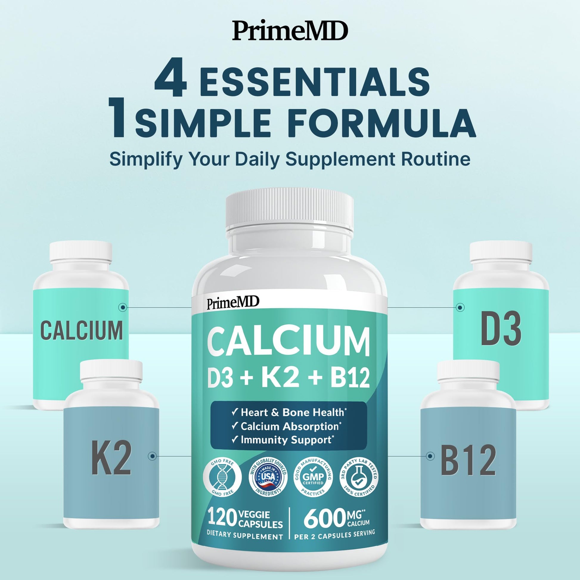 4-in-1 Calcium Supplements for Women & Men - Calcium Citrate with D3 K2 Vitamin 5000 IU - Calcium 600mg with Vitamin D3 K2 - Everyday Vitality Supplement - PrimeBioHealth - canada supplements