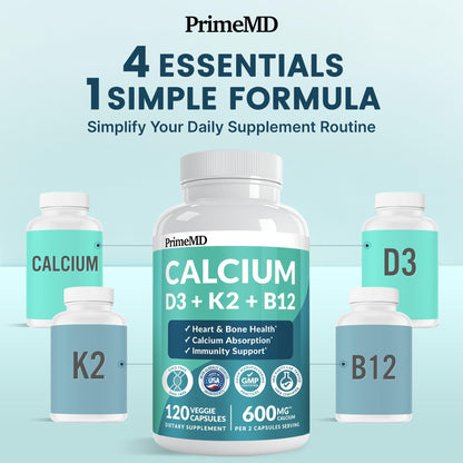 4-in-1 Calcium Supplements for Women & Men - Calcium Citrate with D3 K2 Vitamin 5000 IU - Calcium 600mg with Vitamin D3 K2 - Everyday Vitality Supplement - PrimeBioHealth - canada supplements