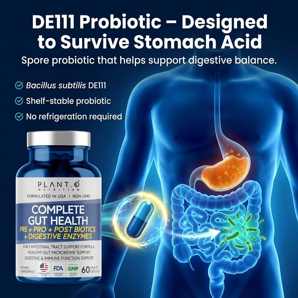 4-in-1 Gut Health Support – Prebiotics + Probiotics + Postbiotics + Digestive Enzymes – DE111 Spore Probiotic for Digestive Support & Bloating - PrimeBioHealth - canada supplements