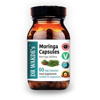 Bottle of Dr Wakde's Moringa Capsules on a white background