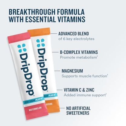 DripDrop Hydration Zero Sugar Plus Electrolyte Packets, Bundle, 32 Ct | Raspberry Lemonade, Watermelon, Tangerine, Tropical Punch, Strawberry Kiwi, Peach, Cherry Limeade, Wild Berry; Sugar Free