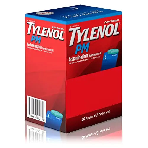 Tylenol PM Extra Strength Nighttime Pain Reliever Sleep Aid Caplets with Acetaminophen & Diphenhydramine HCl, Relief for Nighttime Aches & Pains, Travel Size, 50 Packs of 2 Caplets TylenolBuy Supplements Australia