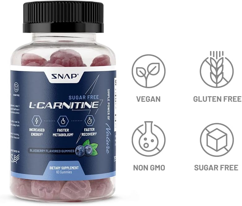 Snap Supplements L-Carnitine Tartrate, 60 Blueberry Sugar-Free Gummies | Amino Acid Supplement for Healthy Exercise Recovery, Metabolism, & Energy, Vegan, 30-Day Supply
