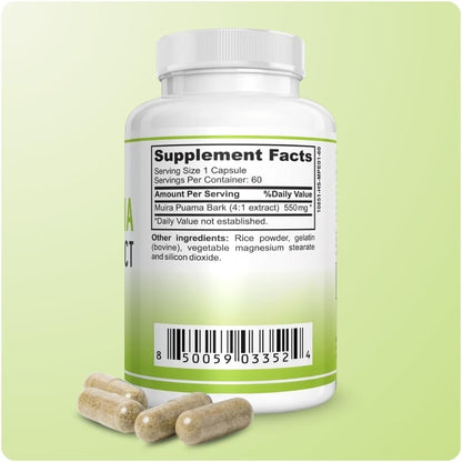 Muira Puama Extract Capsules 550mg, Muira Puama Bark 4:1 Extract, Herbal Formula for Men and Women, Non-GMO, GMP Certified, Made in USA, 60 Capsules