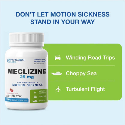 Puregen Labs Meclizine 25 mg Antiemetic 200 chewable Tablets | Motion Sickness Relief - Prevent Nausea, Vomiting, and Dizziness | Dairy Free | Value Pack – 200 chewable Tablets P Puregen Labs buy supplements Au