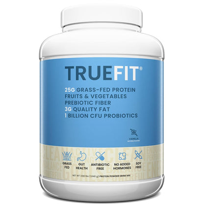 TrueFit Grass-Fed Whey Protein Powder + Fiber & Probiotics, Vanilla Shake | 25g Gut Healthy Protein with Fiber, Probiotics & Non-GMO Superfoods for Complete Meal Replacement Shake with Nothing Fake