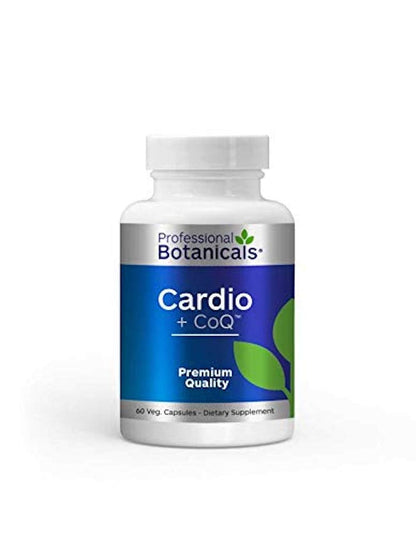 Supplement bottle labeled 'Cardio + CoQ' by Professional Botanicals on a white background