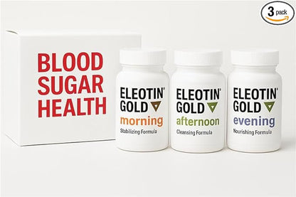 Three ELEOTIN GOLD supplement bottles labeled 'morning', 'afternoon', and 'evening' next to a box labeled 'Blood Sugar Health'.