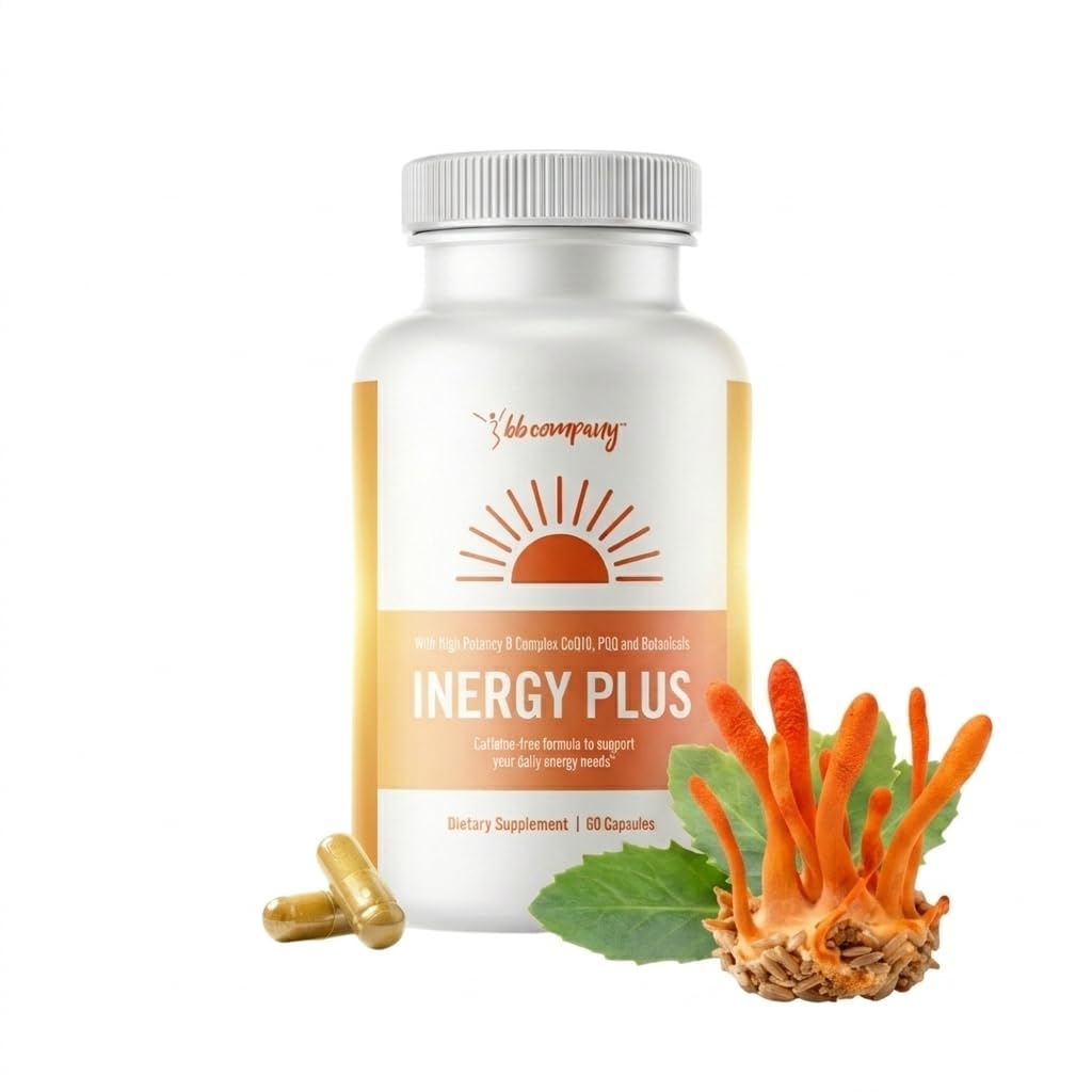 Supplement bottle labeled 'Energy Plus' with capsules and a plant on a white background