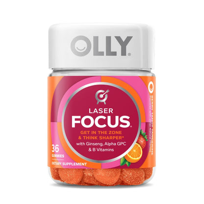 Olly Laser Focus gummy supplement jar on a white background