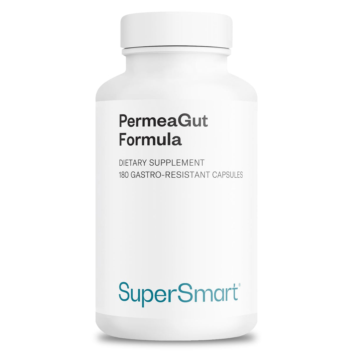 Supplement bottle labeled 'PermeaGut Formula' by SuperSmart on a white background