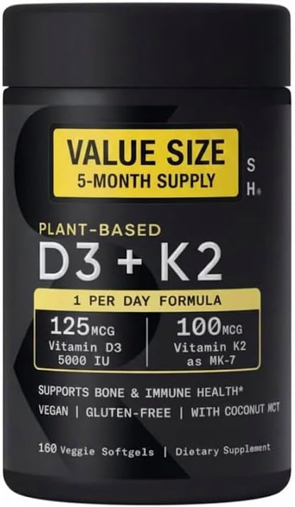 Sports Vitamin D3 K2 with 5000iu of Plant-Based D3 & 100mcg of Vitamin K2 as MK-7, Non-GMO Verified & Vegan Certified - 160 Liquid Softgels - Pack1 Generic buy supplements Au