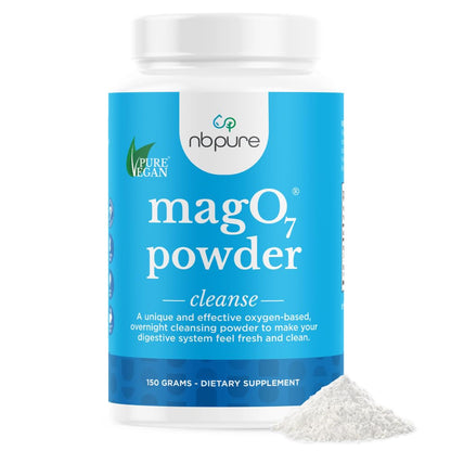 Container of magO7 powder with blue label and white powder on a white background