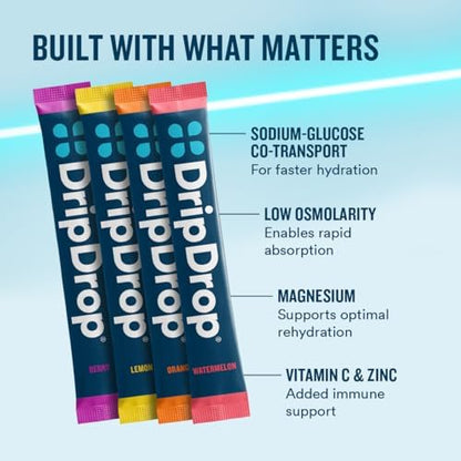 DripDrop Hydration Bold Tropical Variety Bundle Electrolyte Packets, 64 Ct | Watermelon, Berry, Lemon, Orange, Mango, Açaí, Passion Fruit & Piña Colada; Single Serve Powder Drink Mix; 3X Electrolytes