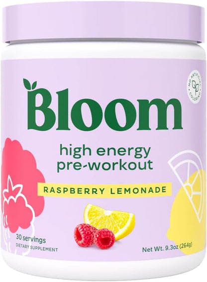 Bloom Nutrition Pre Workout Powder, Raspberry Lemonade, 30 Servings | Beta Alanine, Ginseng and L Tyrosine for Amino Energy, Natural Caffeine from Green Tea Extract, Keto, Sugar Free Drink Mix