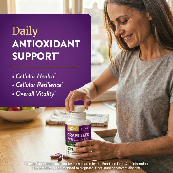 Grape Seed Extract Capsules, 8 Month Supply, 50:1 Concentrated Grape Seeds | 95% Proanthocyanidins for Antioxidant Support, Grapeseed Extract Supplement, Vegan, Gluten-Free and Non-GMO, 250 Capsules
